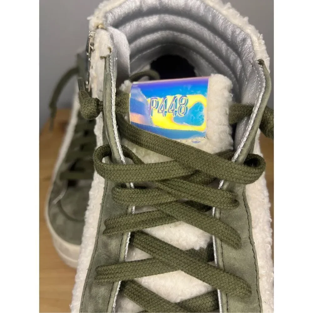 P448 Womens Skate HighTop Sherpa Double Closure Sneaker Khaki/White Size 10.5-11